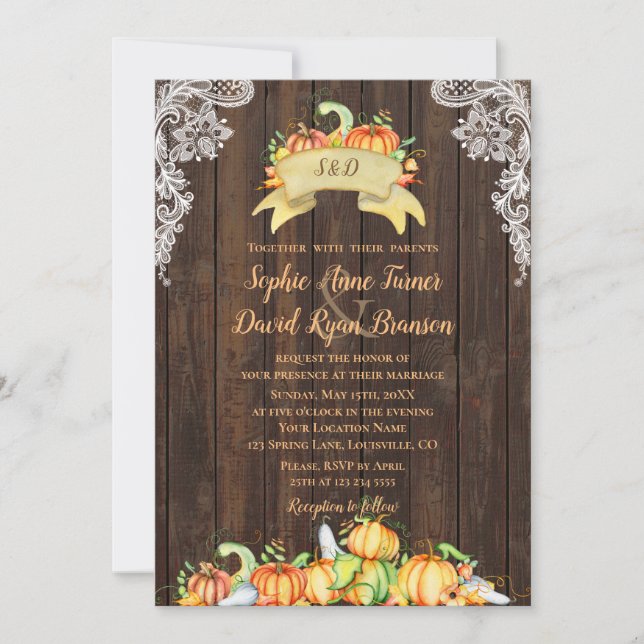 Fall Vintage Wood Lace Pumpkins Wedding Invitation (Front)