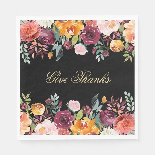 Fall Watercolor Botanical Give Thanks Napkin (Front)