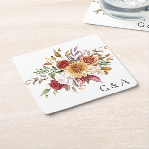 Fall Watercolor Botanical Square Paper Coaster