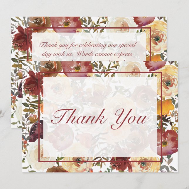 Fall Watercolor Bouquets Wedding Thank You Card (Front/Back)