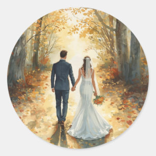 Fall Watercolor Bride & Groom Painted Wedding Classic Round Sticker