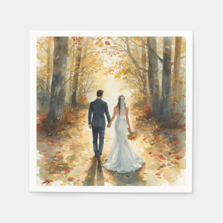 Fall Watercolor Bride & Groom Painted Wedding  Napkin