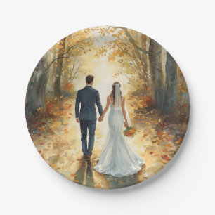 Fall Watercolor Bride & Groom Painted Wedding Paper Plate