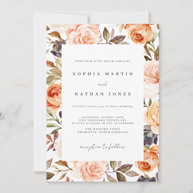 Fall Watercolor Burnt Orange Floral Wedding Invitation (Front)