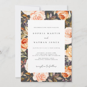 Fall Watercolor Burnt Orange Gray Floral Wedding Invitation
