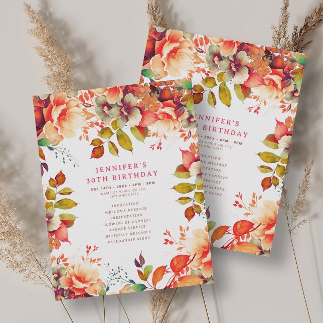 Fall Watercolor Floral 30th Birthday Program  Invitation (Fall Watercolor Floral 30th Birthday Program )