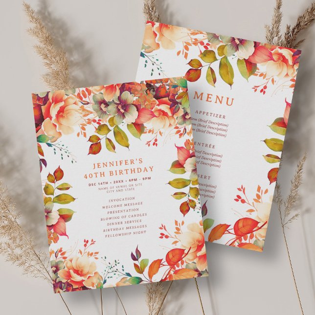Fall Watercolor Floral 40 Birthday Program Menu Invitation (Fall Watercolor Floral 40 Birthday Program Menu)
