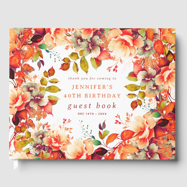 Fall Watercolor Floral 40th Birthday Guest Book (Front)
