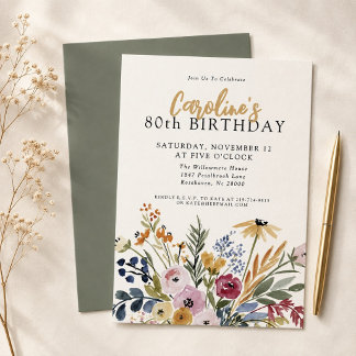 Fall Watercolor Floral 80th Birthday Elegant Invitation