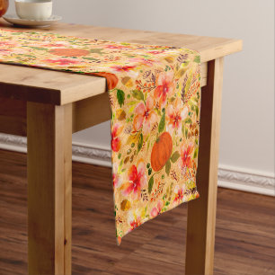 Fall Watercolor Floral and Pumpkin Seasonal Medium Table Runner