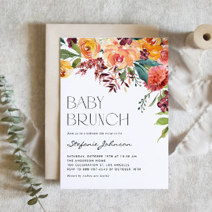 Fall Watercolor Floral Autumn Baby Brunch QR Code Invitation