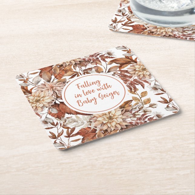 Fall Watercolor Floral  Baby Shower Square Paper Coaster (Angled)