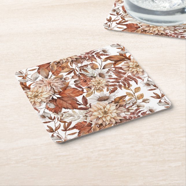 Fall Watercolor Floral  Baby Shower Square Paper Coaster (Angled)