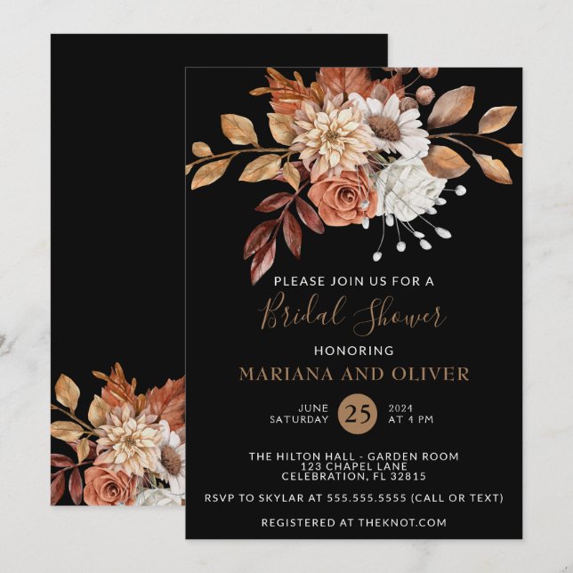 Fall Watercolor Floral Black Dark Bridal Shower Invitation (Front/Back)