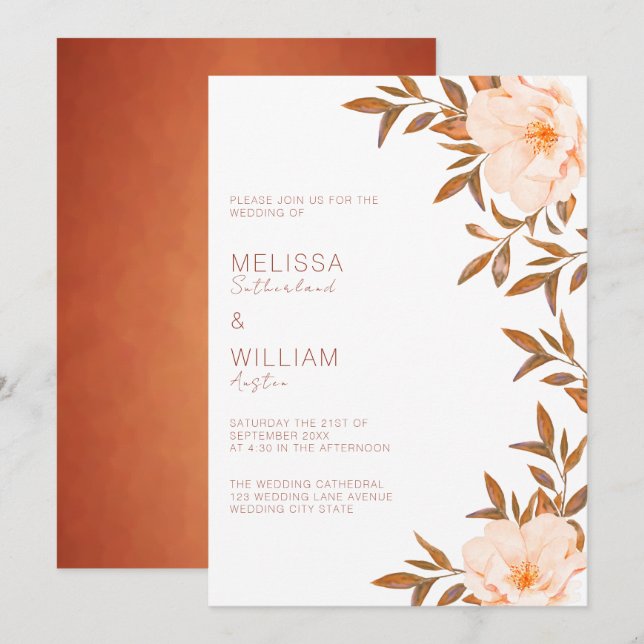 Fall Watercolor Floral Ivory Wedding Invitation (Front/Back)