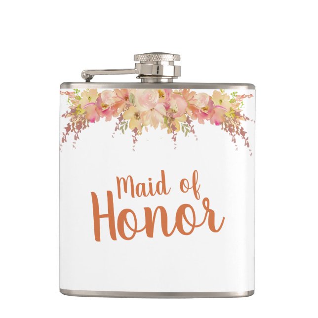 Fall Watercolor Floral Maid of Honour Hip Flask (Front)