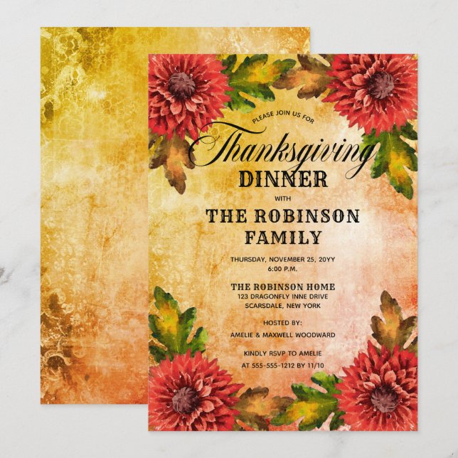 Fall Watercolor Floral Mums Thanksgiving Dinner Invitation (Front/Back)