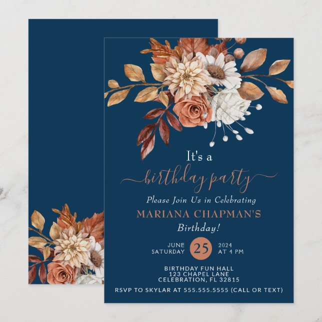 Fall Watercolor Floral Navy Blue Birthday Party Invitation (Front/Back)