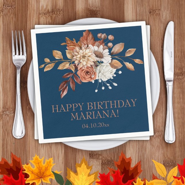 Fall Watercolor Floral Navy Blue Birthday Party Napkin (Creator Uploaded)