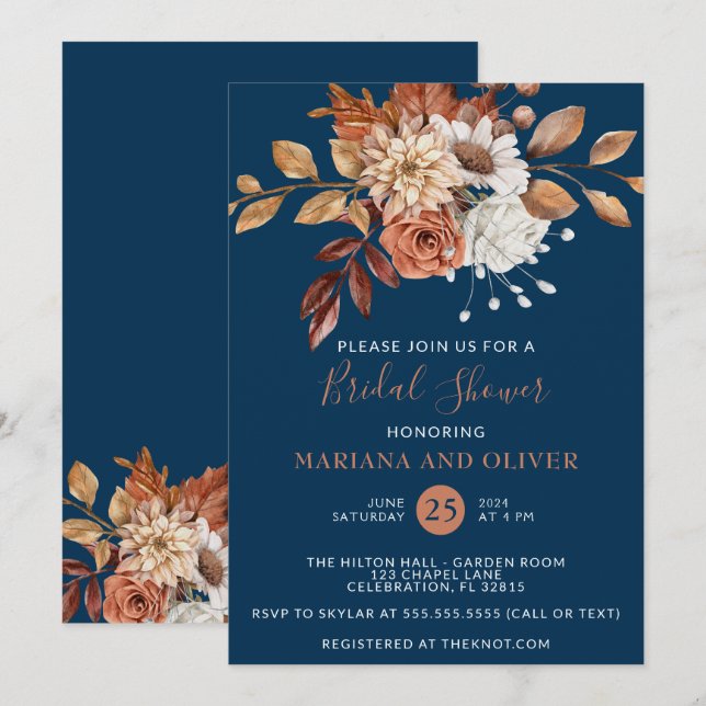 Fall Watercolor Floral Navy Blue Bridal Shower Invitation (Front/Back)
