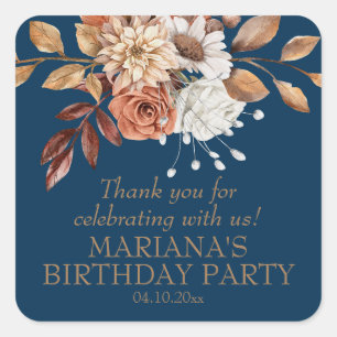 Fall Watercolor Floral Navy Blue Party Favour Square Sticker