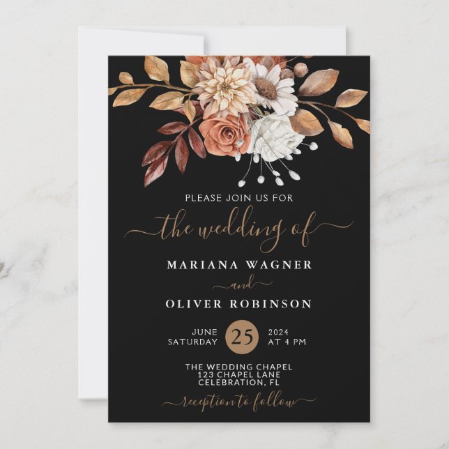 Fall Watercolor Floral on Black Wedding Invitation (Front)