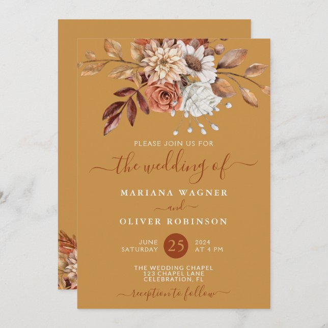 Fall Watercolor Floral on Gold Wedding Invitation (Front/Back)