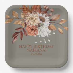 Fall Watercolor Floral on Grey Birthday Party Paper Plate