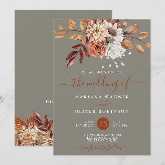 Fall Watercolor Floral on Grey Wedding Invitation (Front/Back)