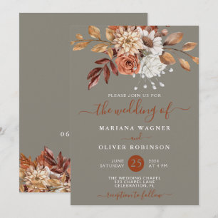 Fall Watercolor Floral on Grey Wedding Invitation