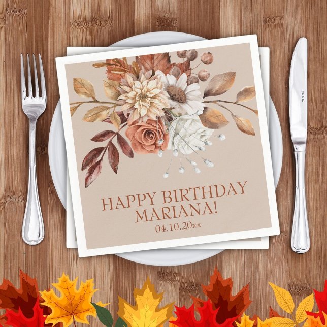 Fall Watercolor Floral on Taupe Birthday Party Napkin (Creator Uploaded)