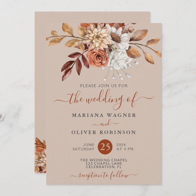 Fall Watercolor Floral on Taupe Wedding Invitation (Front/Back)