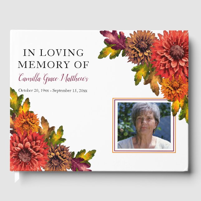 Fall Watercolor Floral Photo Bereavement | Funeral Guest Book (Front)