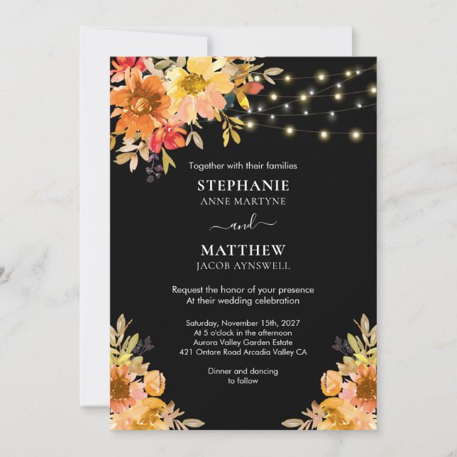 Fall Watercolor Floral String Lights Wedding Invitation (Front)