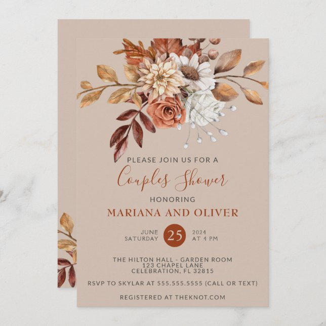 Fall Watercolor Floral Taupe Couples Shower Invitation (Front/Back)