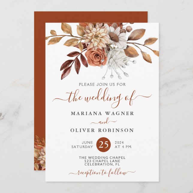 Fall Watercolor Floral Wedding Invitation (Front/Back)
