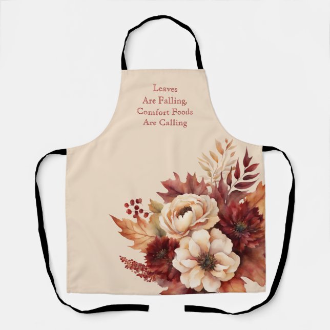 Fall Watercolor Flowers-Cream and Red- Apron (Front)