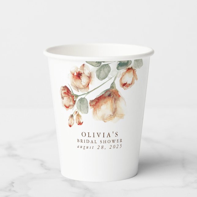 Fall Watercolor Flowers Elegant Party Shower Paper Cups (Back)