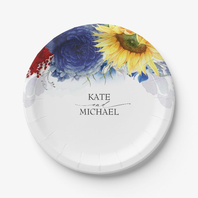 Fall Watercolor Flowers Elegant Wedding Paper Plate (Front)