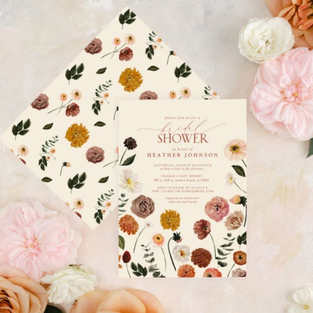 Fall Watercolor Flowers Terracotta Bridal Shower Invitation (Easily personalized bridal shower invitation for summer or fall.)