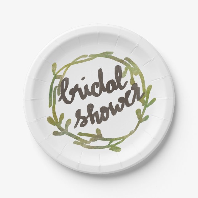 Fall Watercolor Green Leaves Wedding Paper Plate (Front)