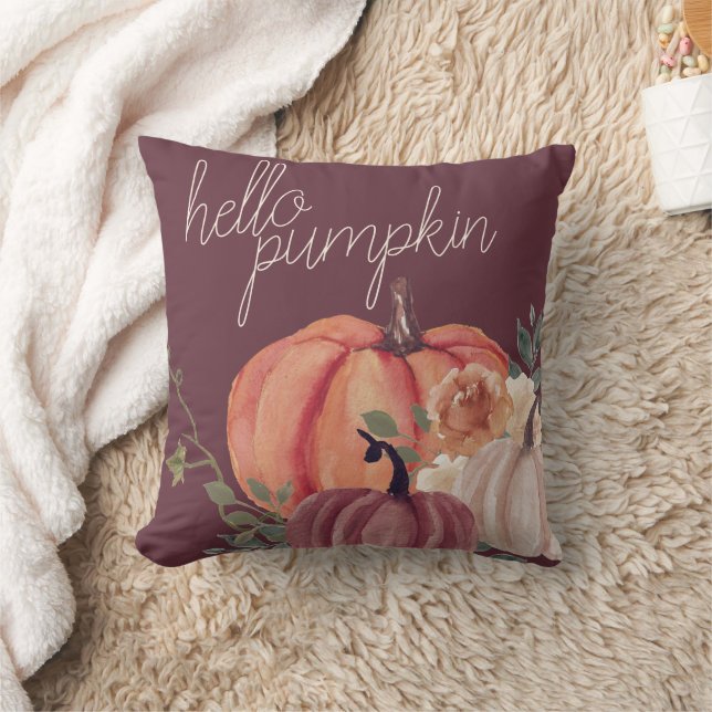 Fall Watercolor Hello Pumpkin Throw Pillow (Blanket)