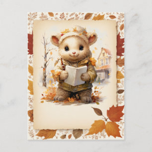 Fall Watercolor Lamb holding a letter -  Postcard