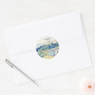 Fall watercolor landscape with customisable text  classic round sticker