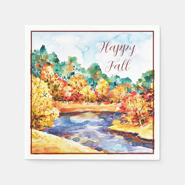 Fall watercolor landscape with customisable text  napkin (Front)