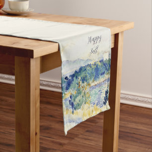 Fall watercolor landscape with customisable text short table runner