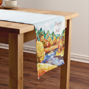 Fall watercolor landscape with customisable text short table runner