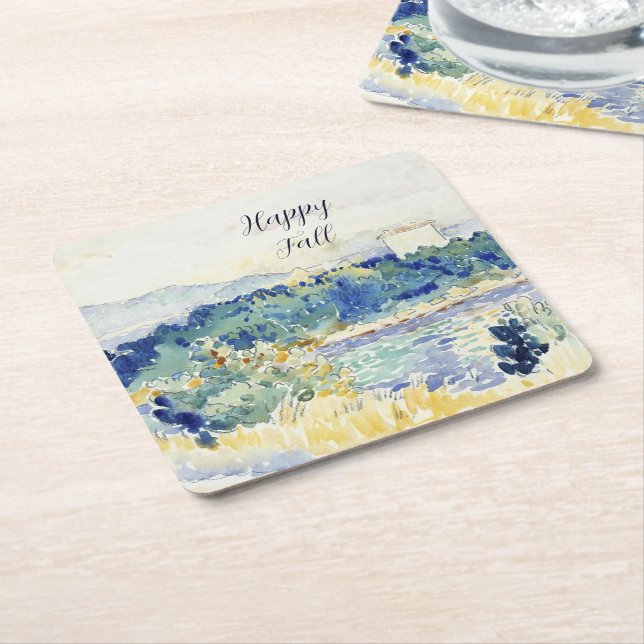 Fall watercolor landscape with customisable text  square paper coaster (Angled)
