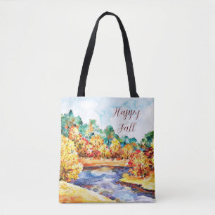 Fall watercolor landscape with customisable text  tote bag