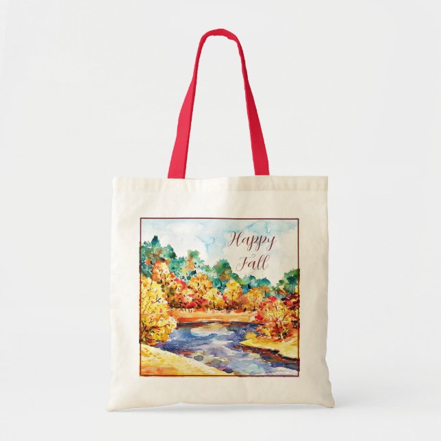 Fall watercolor landscape with customisable text tote bag (Front)